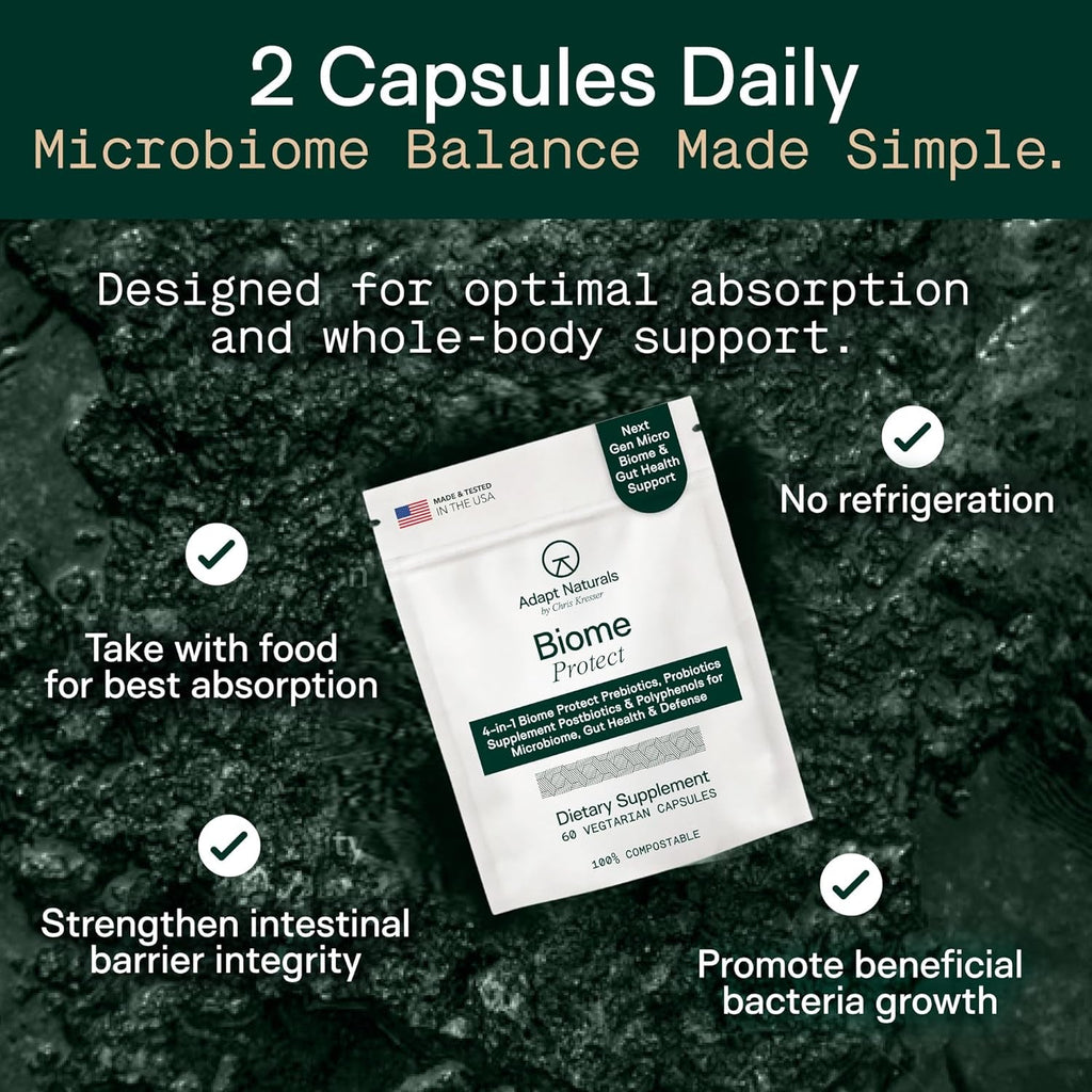 Adapt Naturals 4-In-1 Biome Protect Prebiotics, Probiotics Supplement Postbiotics & Polyphenols for Microbiome, Gut Health & Defense for Women & Men, 30 Day Supply
