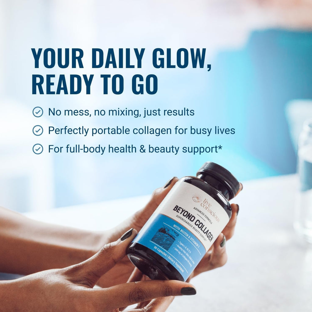Live Conscious beyond Collagen Multi Collagen Capsules - Types I, II, III, V & X - Hydrolyzed Blend with Biotin & Vitamin C for Hair, Skin, Nails 90 Capsules