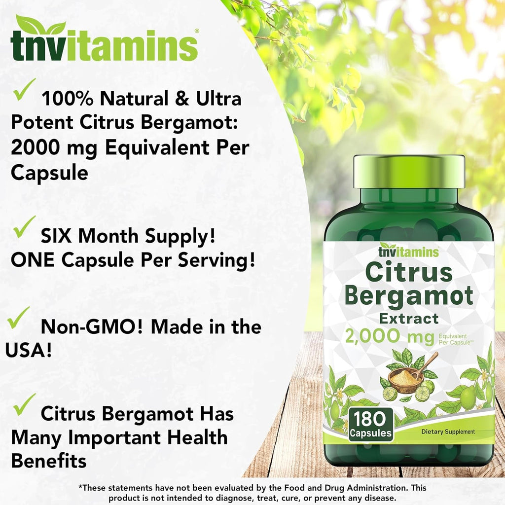 Tnvitamins Citrus Bergamot 2000Mg - 180 Capsules | Ultra Potent Citrus Bergamot Supplement 2000 Mg per 1 Capsule Serving | 6 Month Supply! | Non-Gmo | Made in the USA!