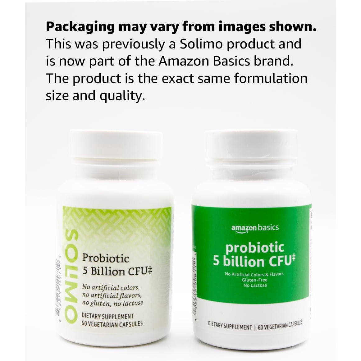 Amazon Basics Probiotic, 5 Billion CFU, No Artificial Colors & Flavors, Gluten-Free, 60 Vegetarian Capsules (Previously Solimo)