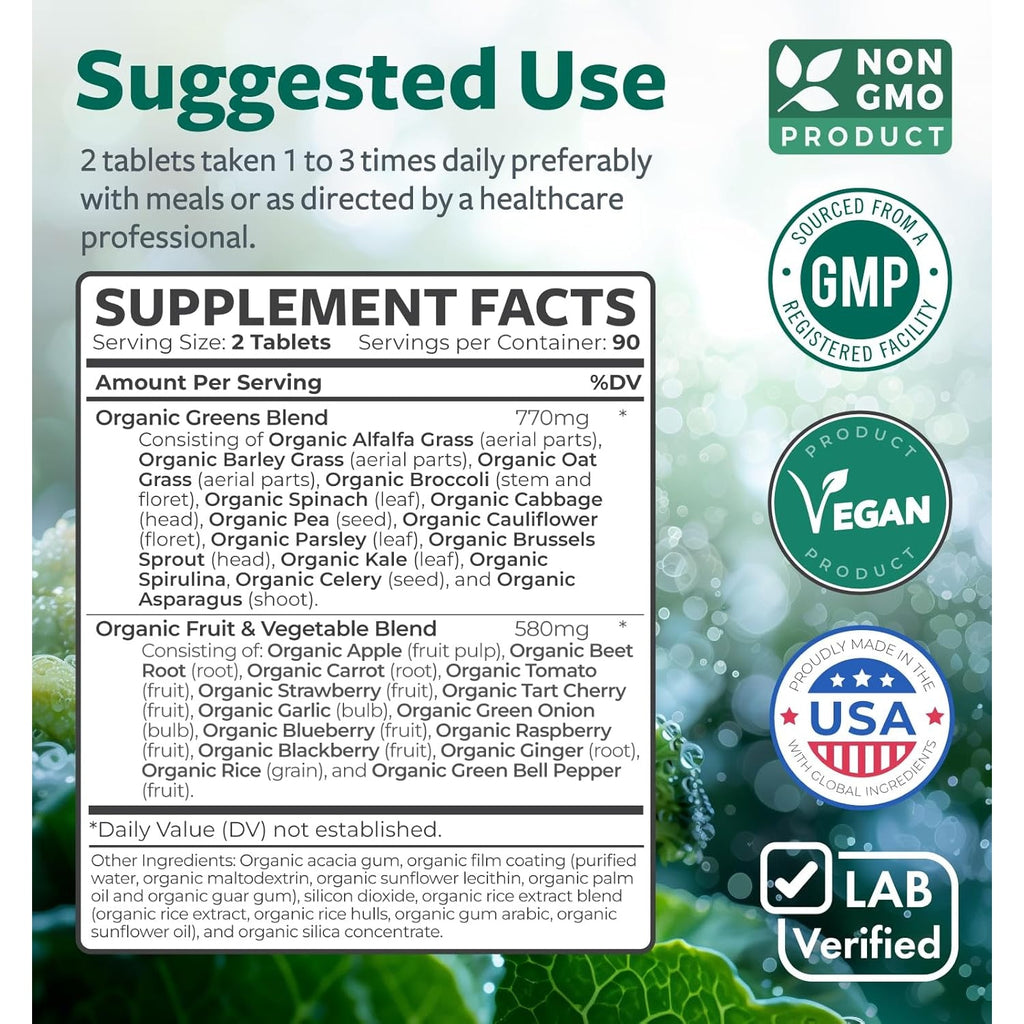 USDA Organic Super Greens Supplement - Organic Greens Fruits and Vegetable Supplement for Adults with 28 Superfood Complex with Superfruits Roots Herbs & More - Vegan & Non-Gmo (Up to 3 Month Supply)