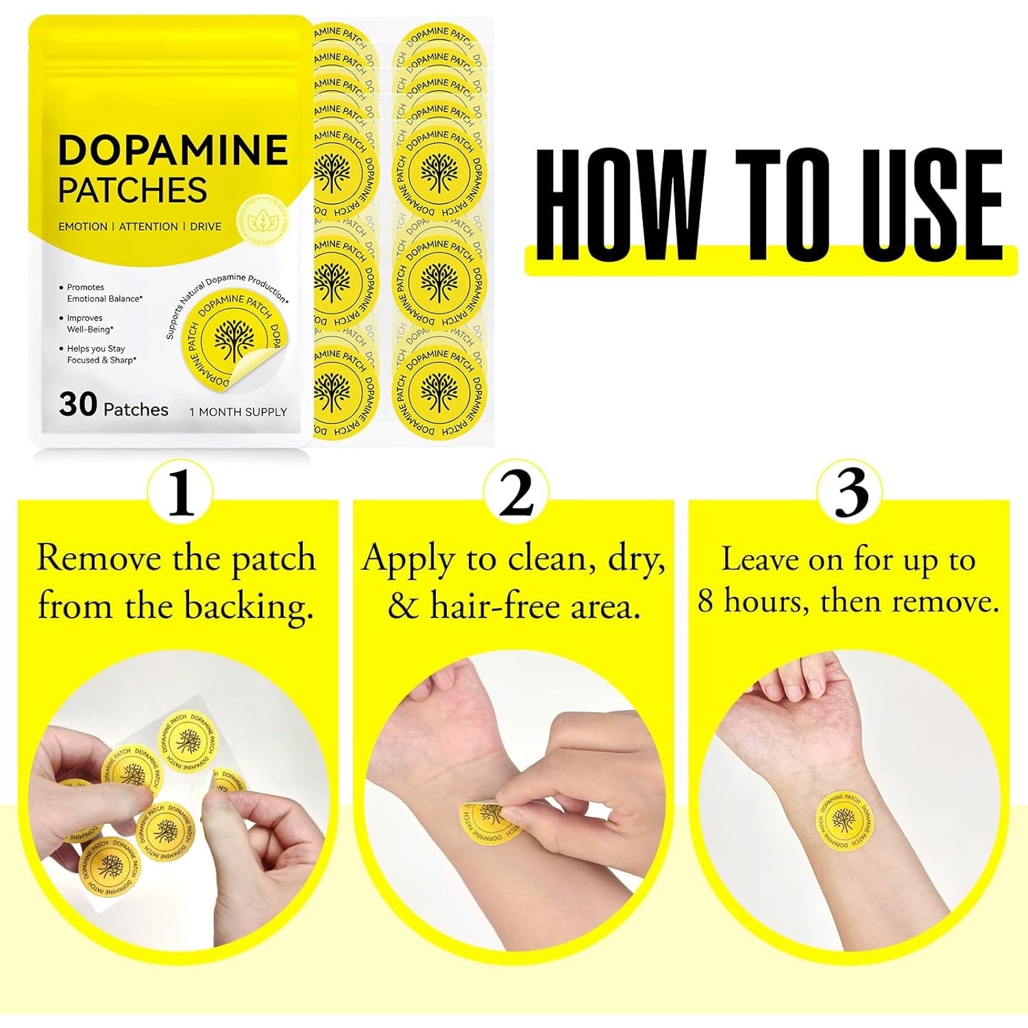 Dopamine Patches, Mood & Positivity Support, Plant-Based Formula, Supports Dopamine & Serotonin Balance, 30 Vegan Patches for Men Women