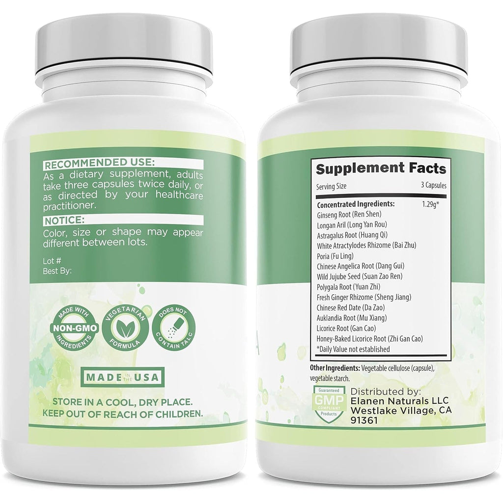 Elanen Naturals GUI Pi Wan, 3Rd Party Tested, GUI Pi Tang, Restore the Spleen Formula to Nourish the Heart, Spleen, and Mind, 100 Vegetable Capsules
