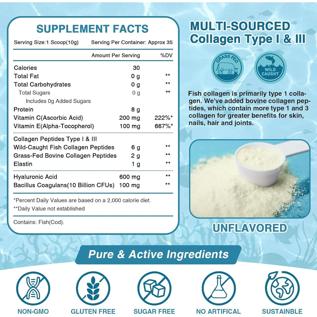 NATURE TARGET Marine Collagen Peptides Powder - Type I & III Collagen with Probiotics, Vitamin C & Hyaluronic Acid for Skin, Hair, Nails, Wild-Caught Fish & Grass-Fed Bovine, 35 Servings