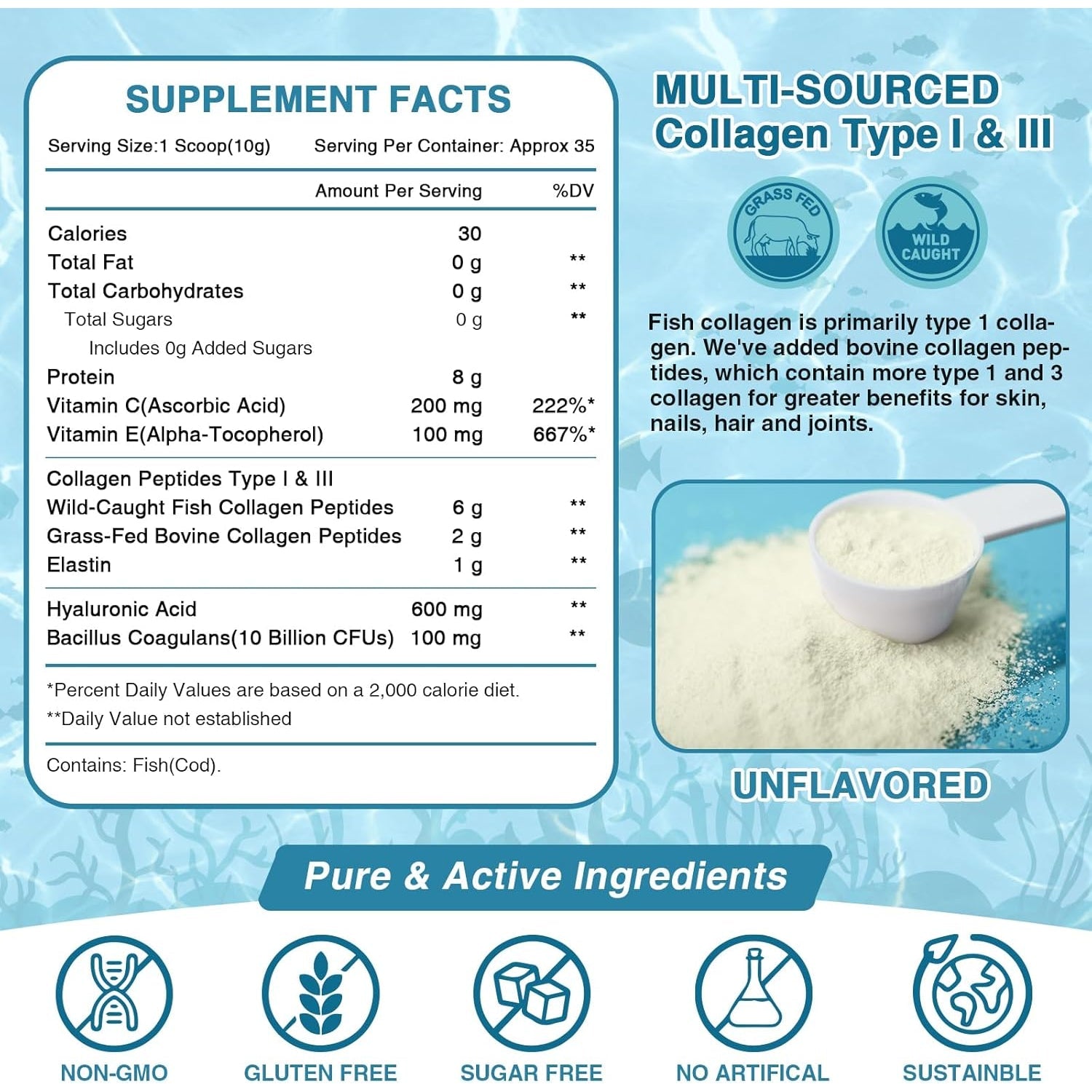NATURE TARGET Marine Collagen Peptides Powder - Type I & III Collagen with Probiotics, Vitamin C & Hyaluronic Acid for Skin, Hair, Nails, Wild-Caught Fish & Grass-Fed Bovine, 35 Servings