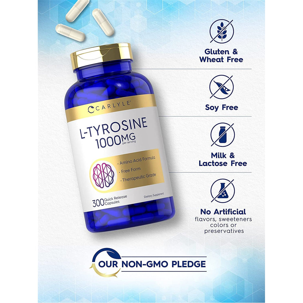 Carlyle L Tyrosine Capsules 1000Mg | 300 Count | Therapeutic Grade | for Men and Women | Non-Gmo & Gluten Free Supplement