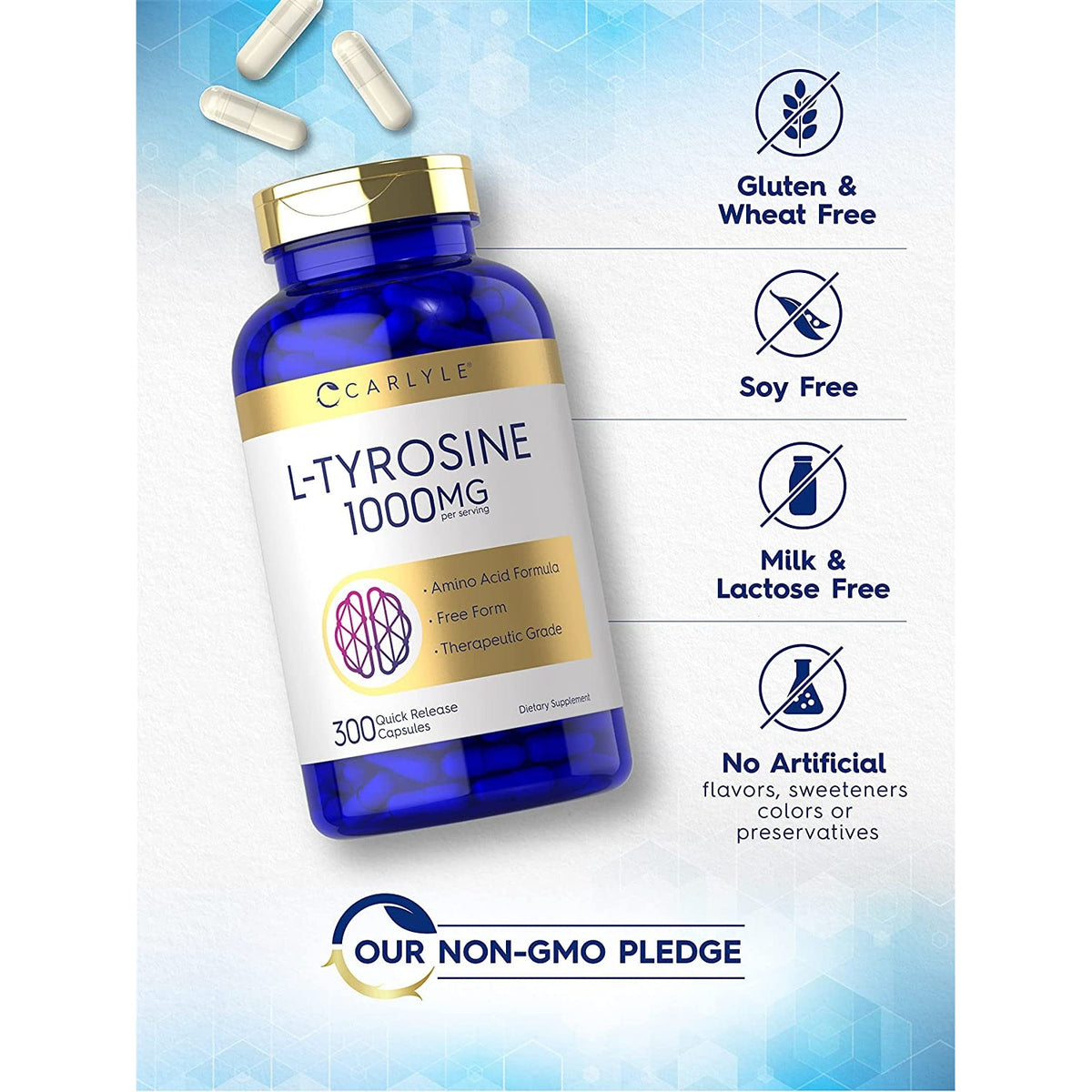 Carlyle L Tyrosine Capsules 1000Mg | 300 Count | Therapeutic Grade | for Men and Women | Non-Gmo & Gluten Free Supplement