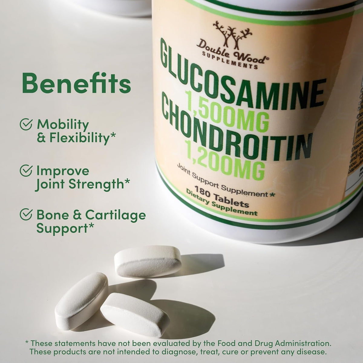 Glucosamine Chondroitin Triple Strength (1,500Mg Glucosamine Sulfate, 1,200Mg Chondroitin) 180 Tablets, Two Month Supply (Joint Support Supplement) Gluten Free, Non-Gmo by Double Wood