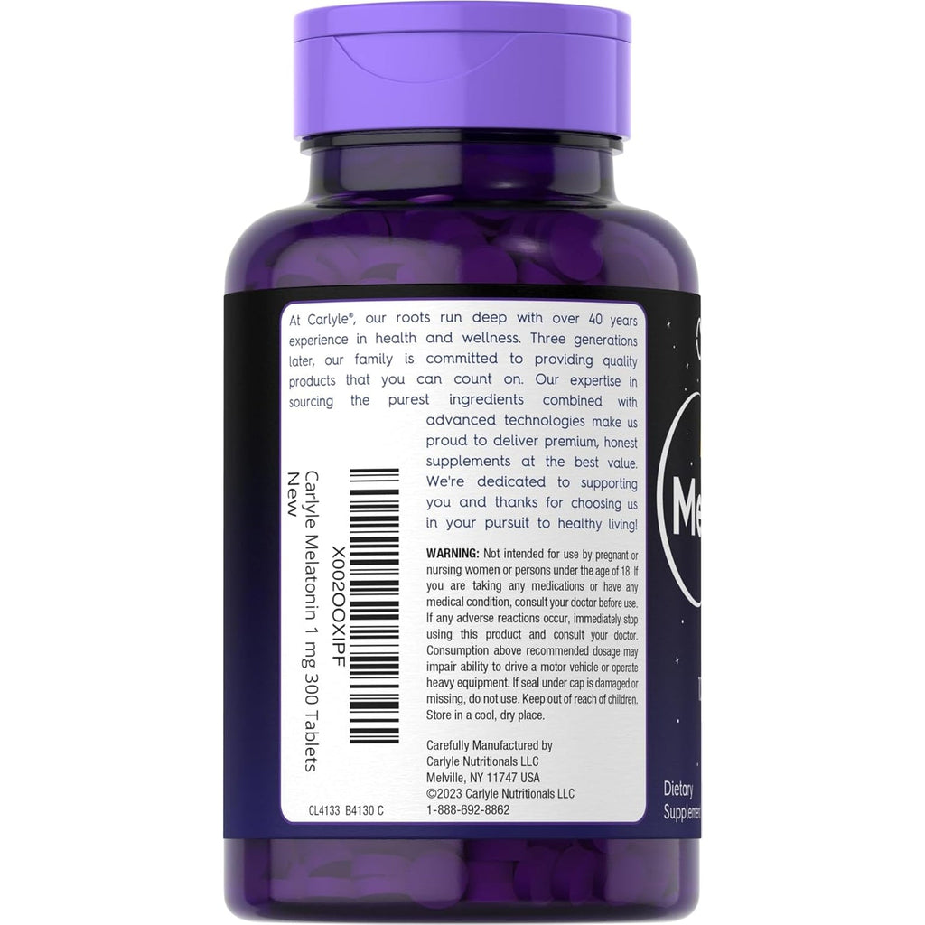 Carlyle Melatonin 1 Mg | 300 Low Dose Tablets | Drug Free Aid | Vegetarian, Non-Gmo, Gluten Free