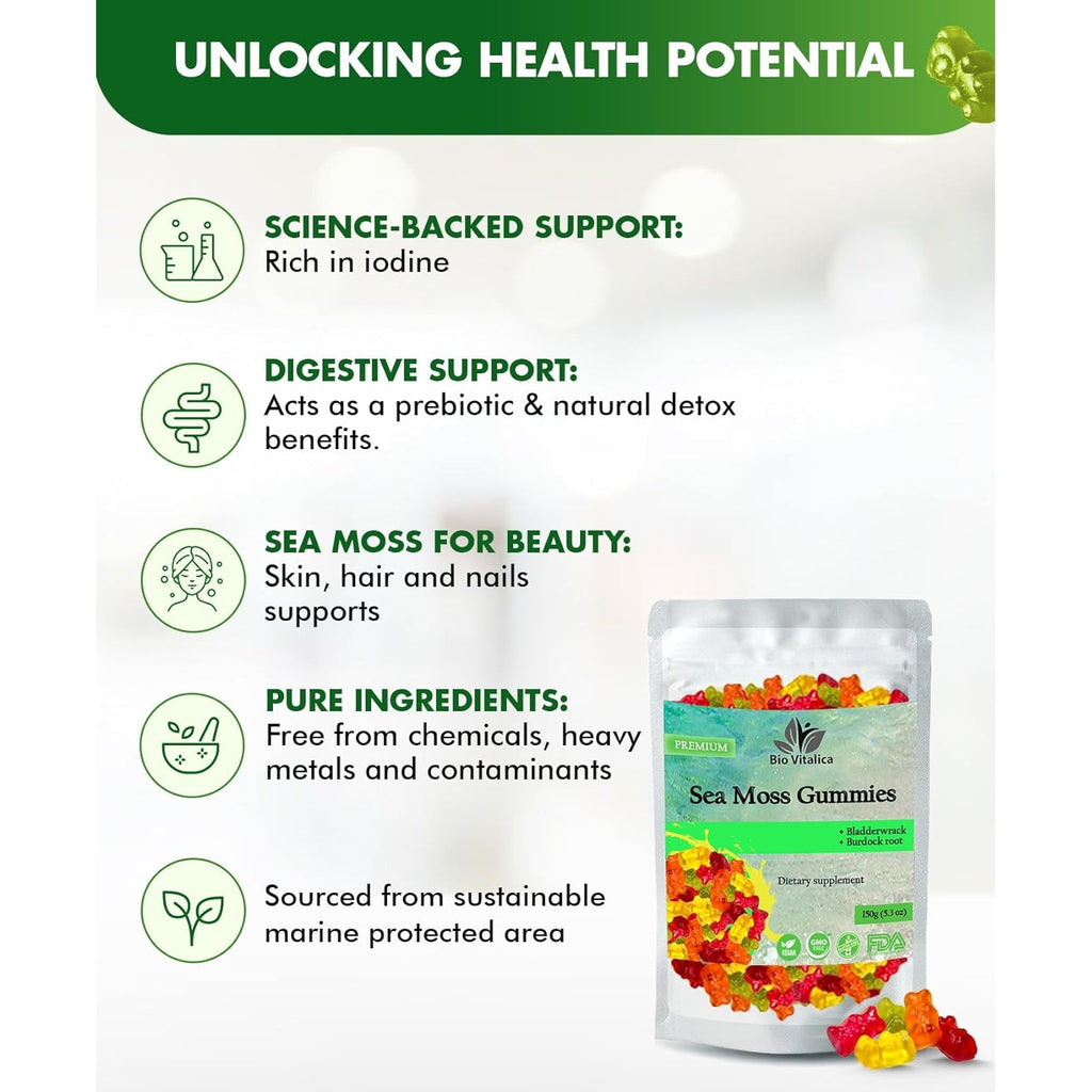 Sea Moss Gummies - Irish Sea Moss Raw Organic, Bladderwrack, Burdock Root. Contains Sea Moss Gel and Powder. Superfoods for Vegan, Keto and Dr Sebi Diet. Immune Boosting (1, Original)