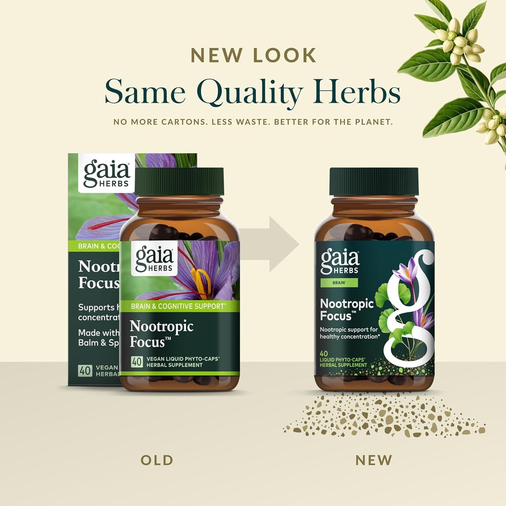 Gaia Herbs Nootropic Focus - Brain & Cognitive Support Supplement to Help Maintain Healthy Concentration* - with Saffron, Lemon Balm & Spearmint - 40 Liquid Phyto-Capsules (20 Servings)