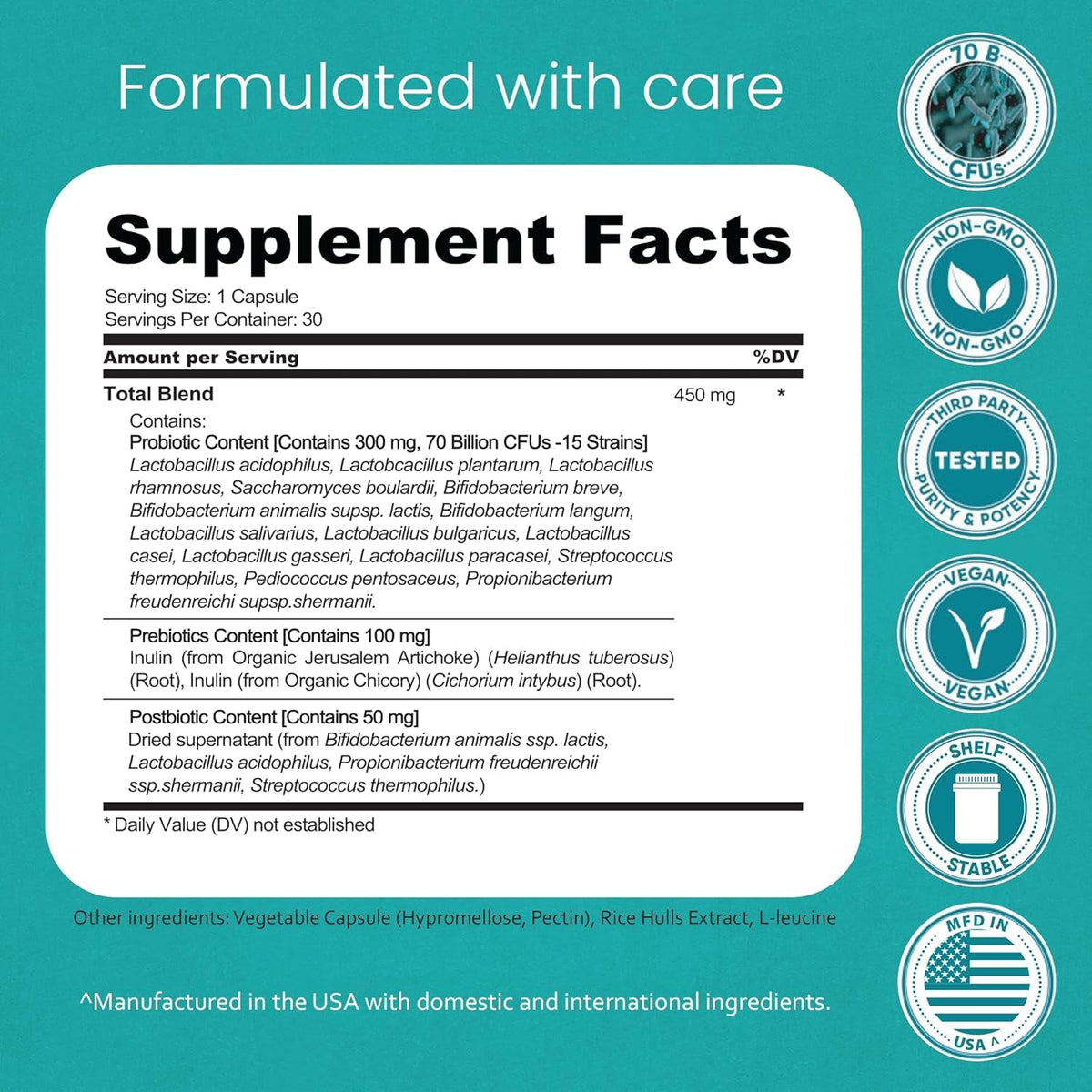 Naturalife Labs Probiotics 70 Billion CFU – 15 Strains + Organic Prebiotic & Postbiotic 3-In-1 – Gut & Digestive Support – Supports Occasional Bloating – Women & Men – Vegan & Shelf Stable – 30 Caps