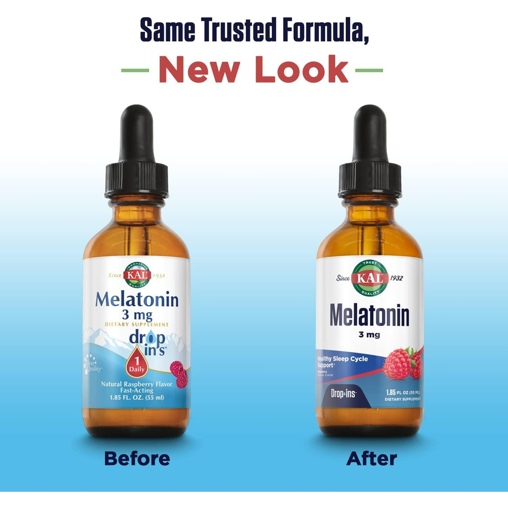 KAL Melatonin Dropins 3Mg, Healthy Sleep Aid Support, Liquid Melatonin Drops for Optimal Absorption & Calming Relaxation Support, Fast Acting, Natural Raspberry Flavor, Approx. 55 Servings, 1.85Oz
