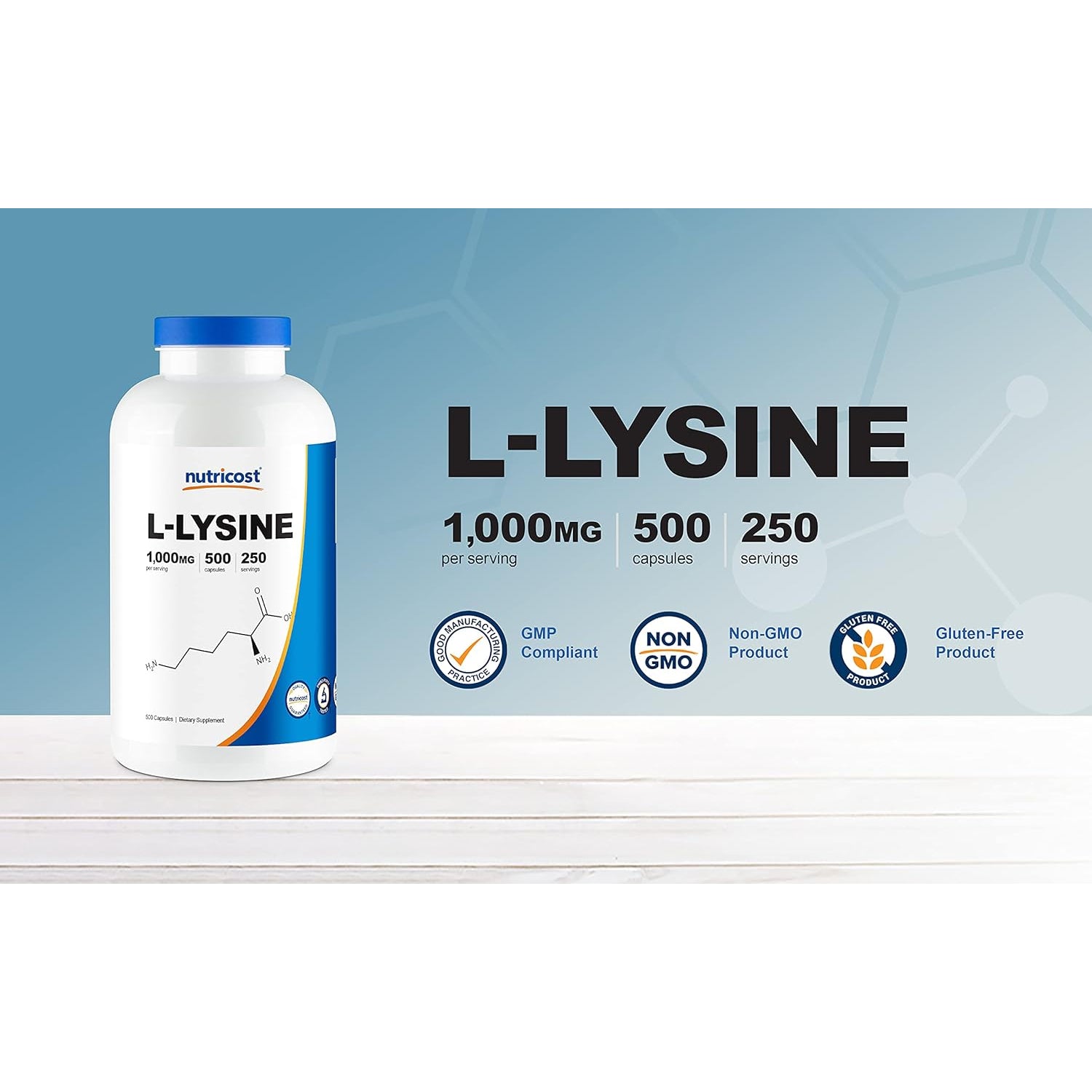 Nutricost L-Lysine 1000Mg per Serving, 250 Servings, 500 Capsules - Gluten Free, Non-Gmo, 500Mg per Capsule