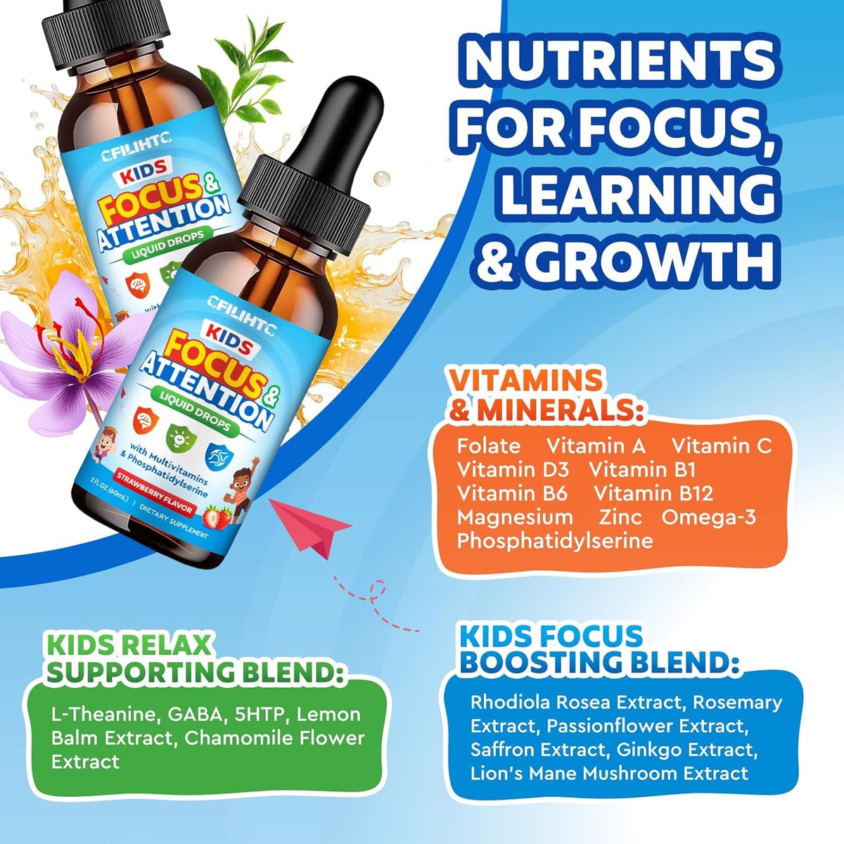 Kids Focus and Attention Supplements with Phosphatidylserine, Omega-3, Magnesium Glycinate & L-Theanine, Brain Vitamins Liquid Drops for Kids Memory, Cognitive, Sleep, Calm & Mood, Strawberry, 2 Fl Oz