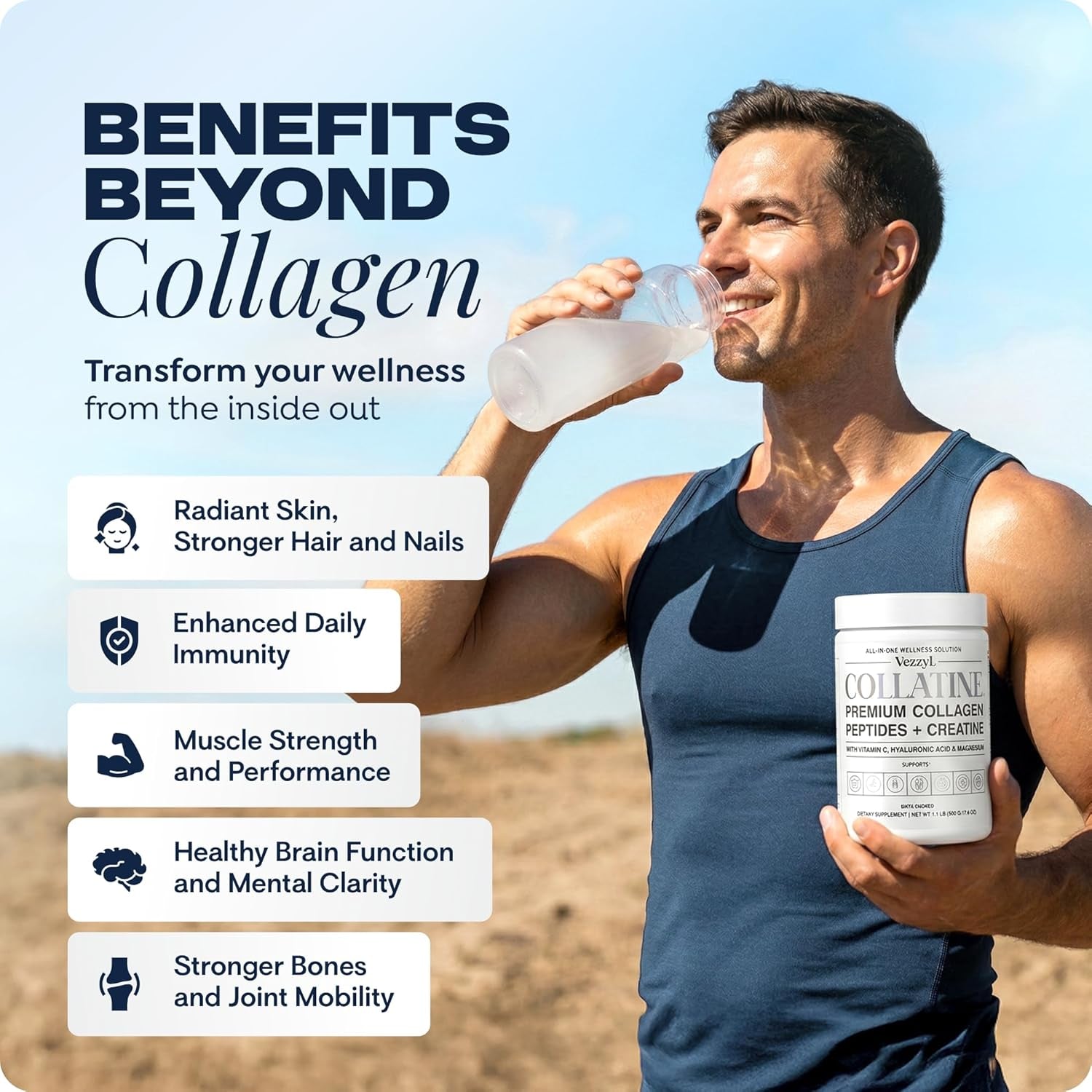 Collatine - Premium Collagen Peptides + Creatine with Vitamin C, Hyaluronic Acid and Magnesium for Skin, Hair, Nails, Bone & Joint, Muscle, Immune and Cognitive Aid (.55 LB (250 G/8.8 OZ)