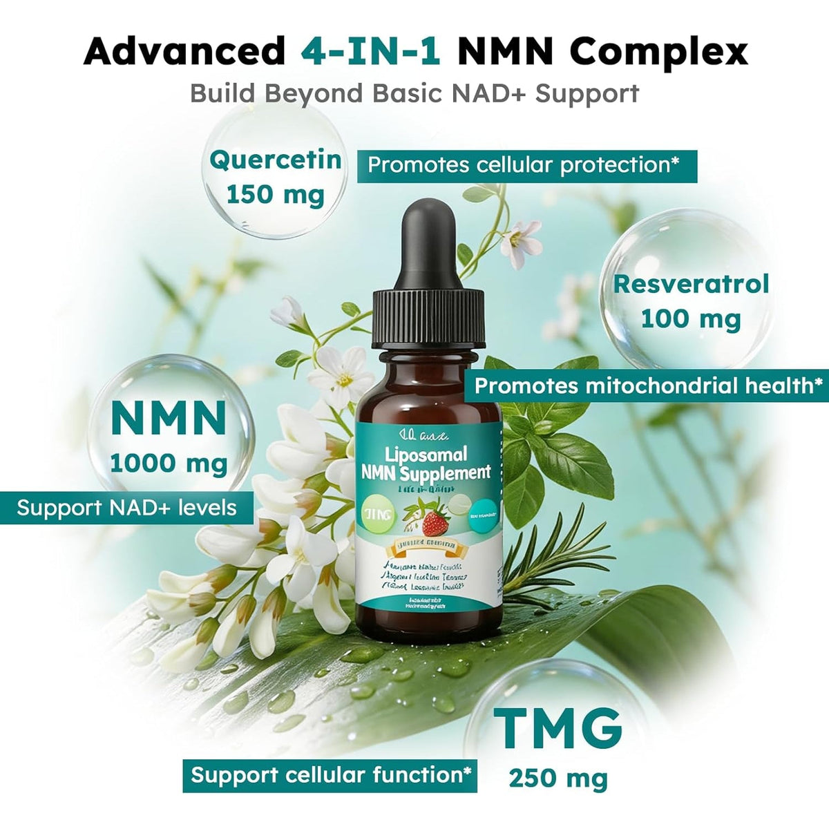 NMN Supplement Liquid Drops,4-In-1 NMN Beta 1000Mg W. Quercetin TMG Resveratrol for anti Aging Energy & Immune Support, NMNH Alternative Liposomal High Absorption for Women Men