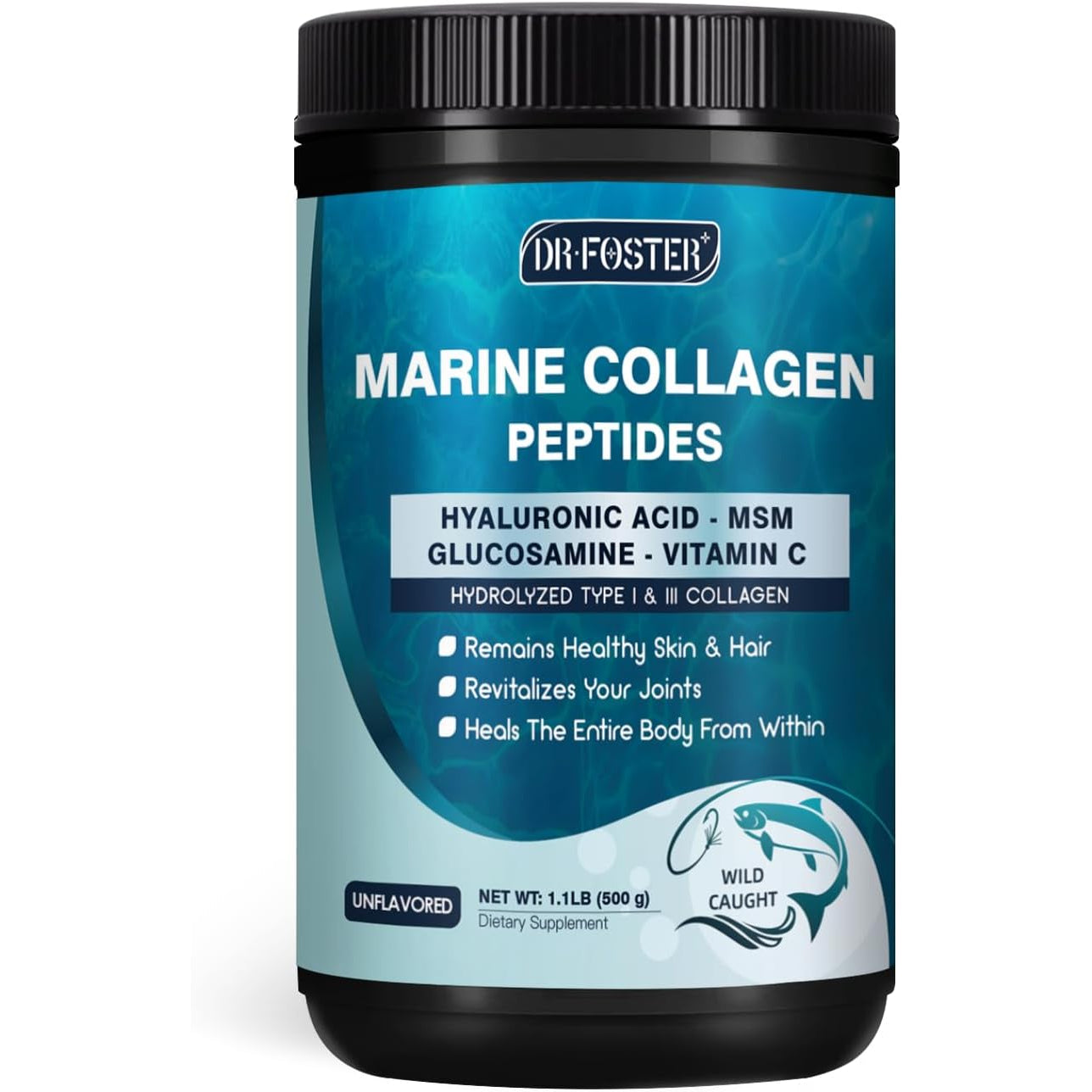 DRFOSTER Marine Collagen Peptides Powder with MSM + GC, Multi Type I & III Collagen with Hyaluronic Acid, Vitamin C & E for Skin, Hair & Nails, Wild-Caught Fish, 50 Servings