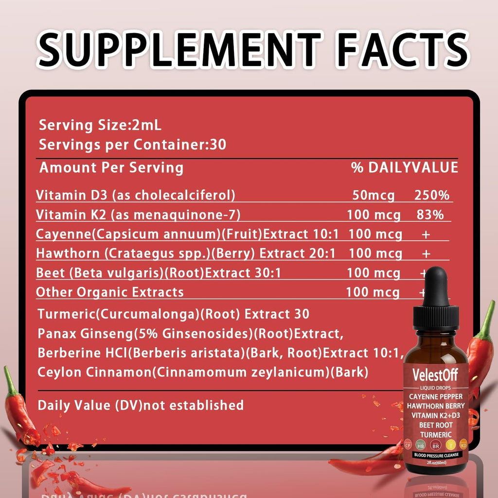Velestoff Cayenne Pepper & Cayenne Pepper Drops Liquid Supplement with Hawthorn, Beet Root, Turmeric, Vitamin K2 D3