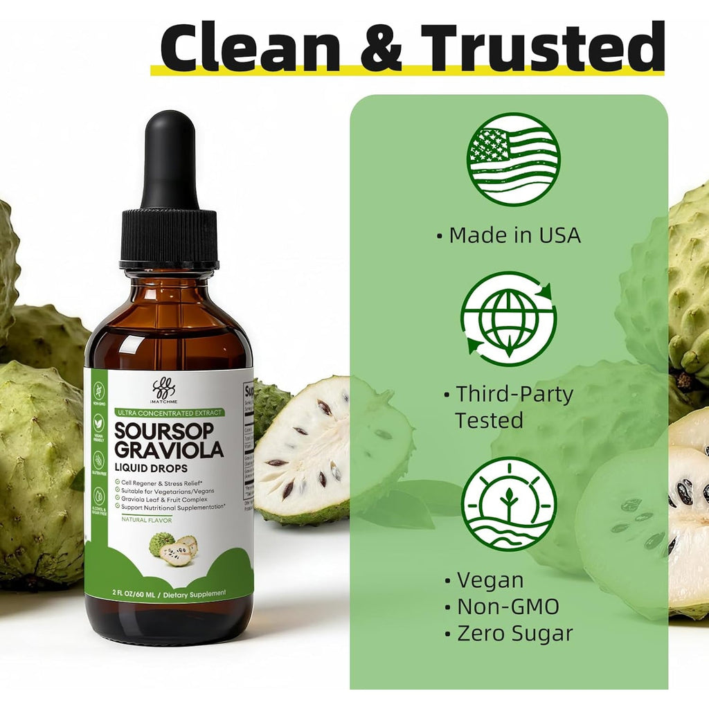 Imatchme Soursop Graviola Liquid Drop for Cell Support & Regeneration, Immune System and Gut Health Support, Soursop Bitters Liquid, Herbal Goodness, Sugar/Gluten Free, Natural Flavor, 2 Fl Oz