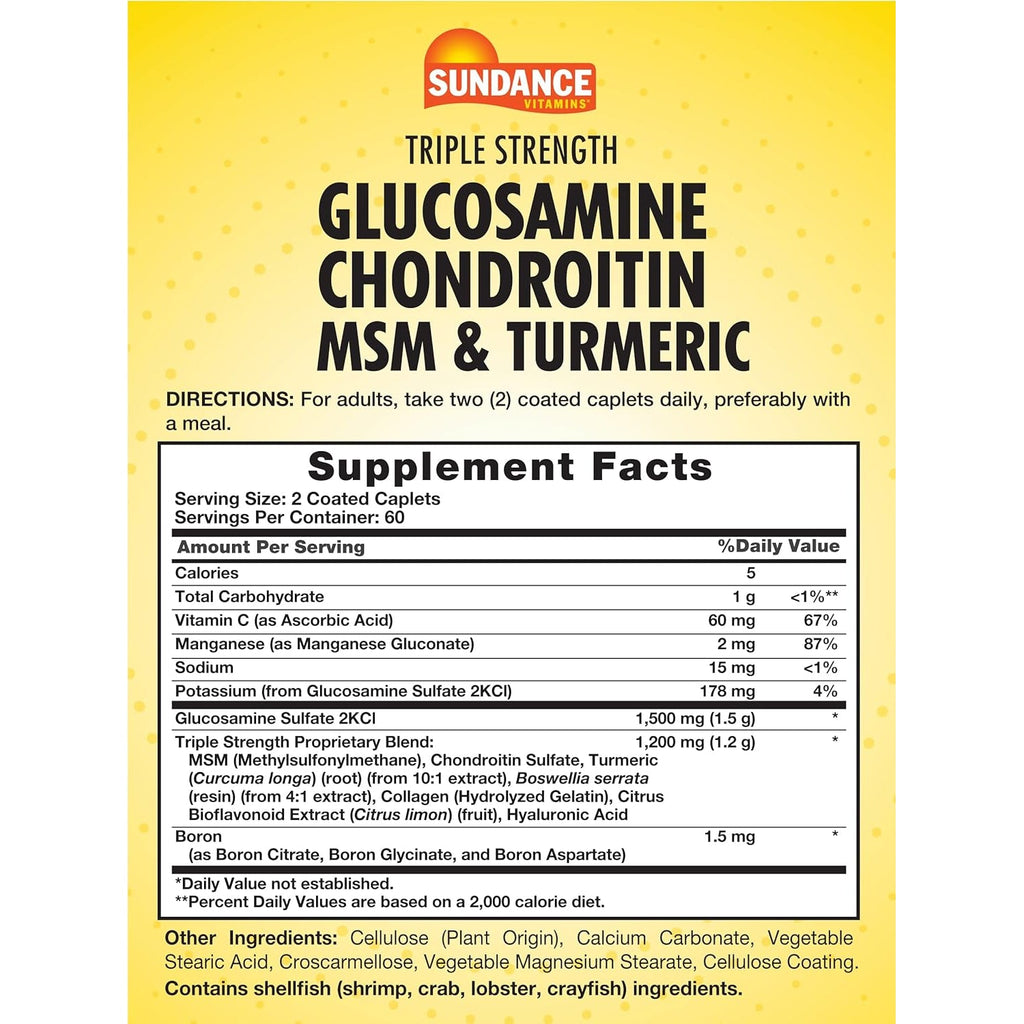 Sundance Glucosamine Chondroitin with MSM and Turmeric | 120 Caplets | Triple Strength Formula | Non-Gmo & Gluten Free Supplement
