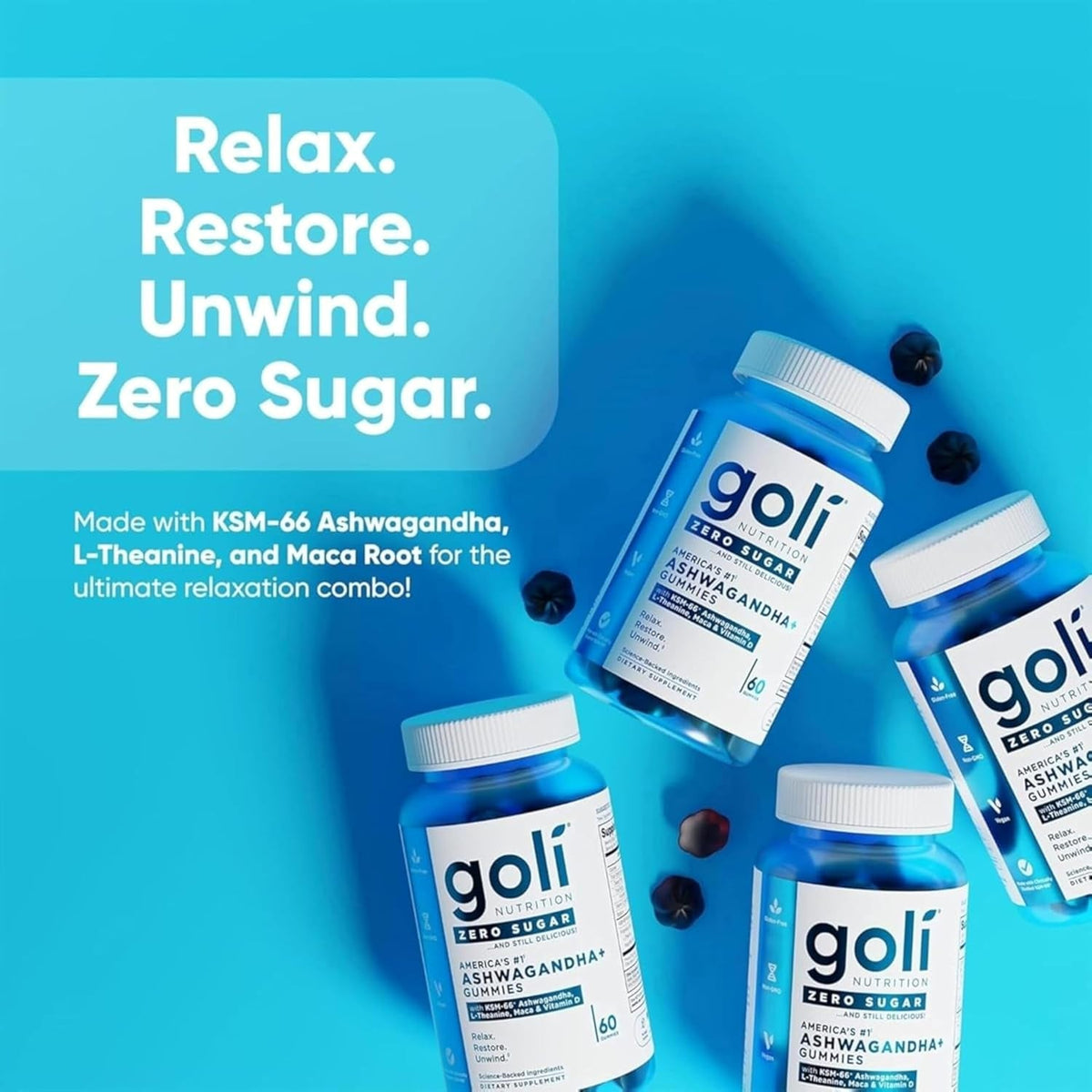 Goli Zero Sugar Ashwagandha Gummies with KSM-66, L-Theanine, Maca and Vitamin D - No Sugar Alcohols - Vegan, Keto-Friendly, Non-Gmo
