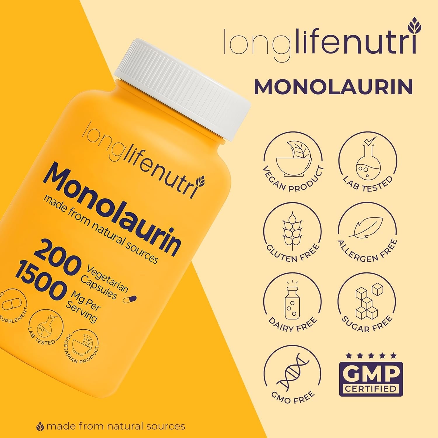 Longlifenutri Monolaurin 1500Mg - Potent Glycerol from Coconut, 200 Vegetarian Capsules, Organic Supplement for Gut Balance & Natural Defense, 100-Day Supply, GMP Certified, Made in USA