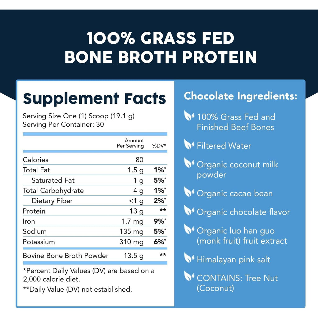 Paleovalley 100% Grass Fed Beef Bone Broth Protein Powder - Rich in Collagen Peptides for Hair, Skin, Gut Health, Bone and Joint Support - 13G Protein per Serving - No Gluten or Gmos - Chocolate