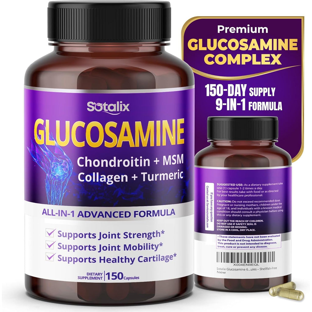 Sotalix Glucosamine 650Mg – All-In-1 Joint Support with Chondroitin, MSM, Collagen, Turmeric, Vitamin D3 & Hyaluronic Acid – 150 Capsules – Shellfish-Free