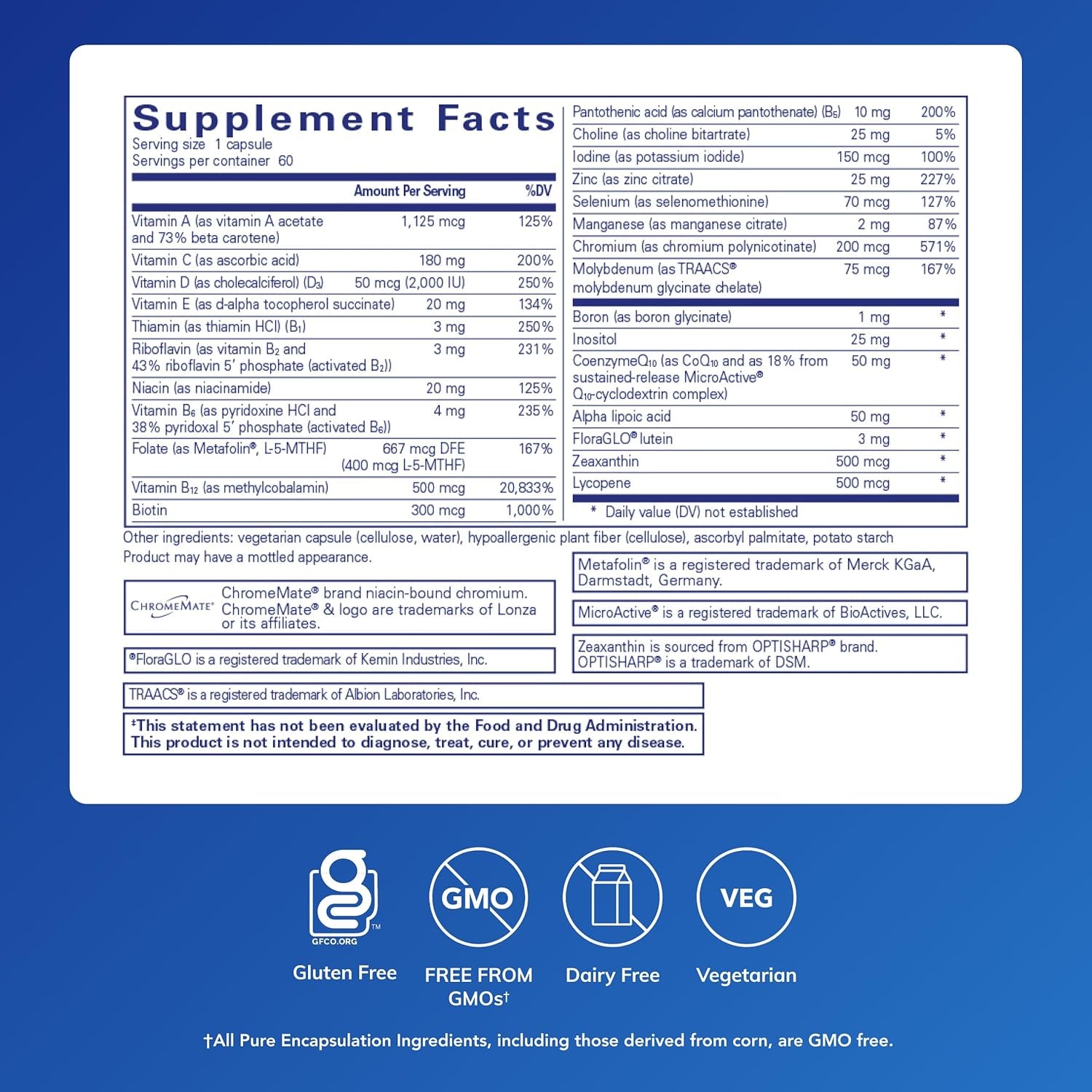 Pure Encapsulations O.N.E. Multivitamin - Once Daily Multivitamin with Antioxidant Complex Metafolin, Coq10, and Lutein to Support Vision, Cognitive Function, and Cellular Health* - 60 Capsules