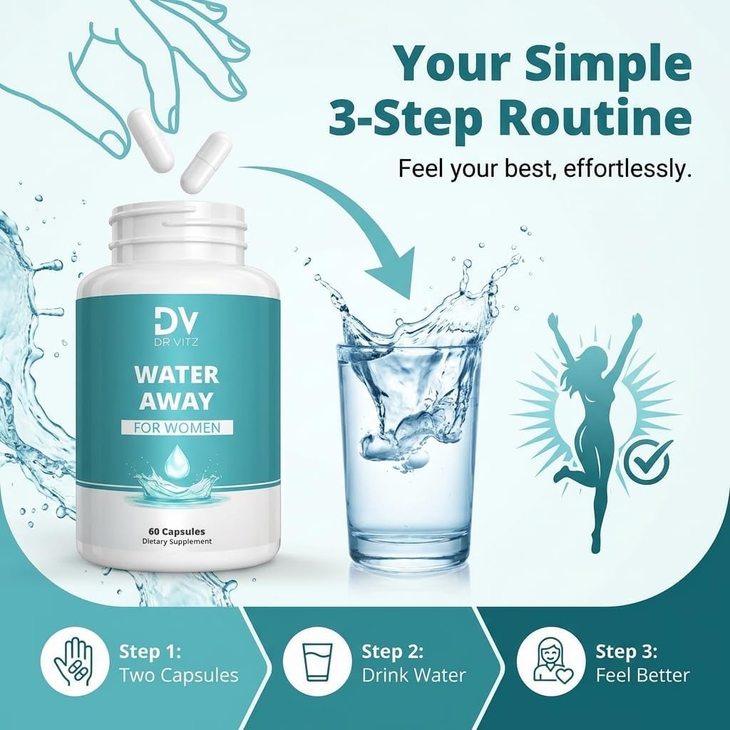 Water Away for Women – Diuretic Water Pills for Weight Control & Debloating – Natural Bloat Relief with Green Tea, Cranberry & Dandelion – Water Retention Support – 60 Capsules