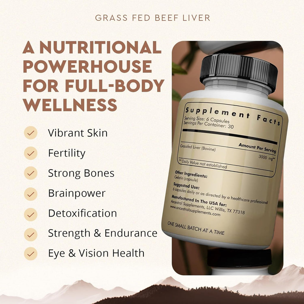 Ancestral Supplements Grass Fed Beef Liver 180 Capsules, Supports Energy Production, Detoxification, Digestion, Immunity and Full Body Wellness, Non-Gmo, Freeze Dried Liver Health Supplement