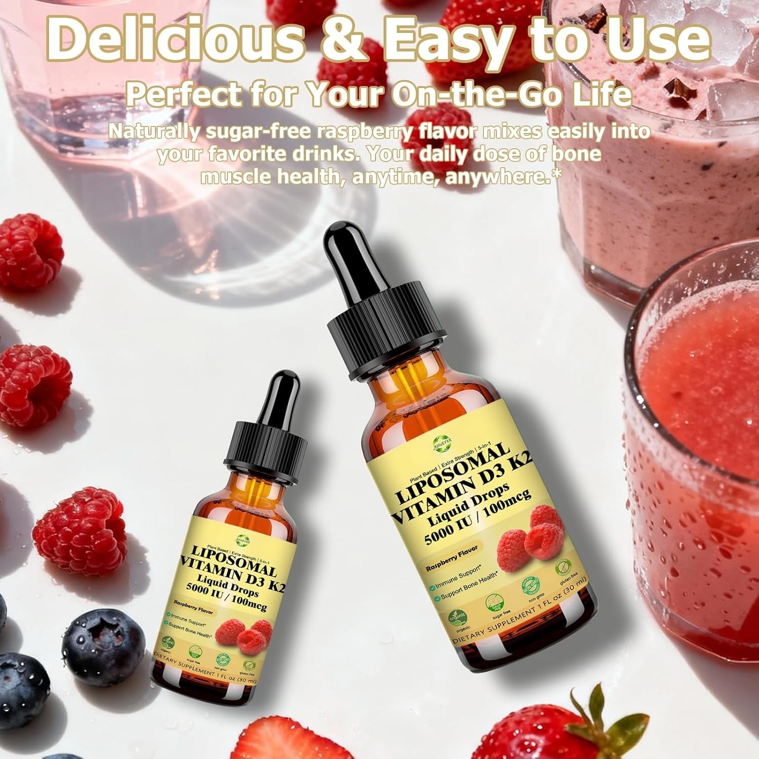 Liquid Vitamin D3 K2 Drops with Calcium Magnesium Omega3, High Potency 5-In-1 D3 K2 Vitamin 5000 IU Supplement for Bone Health, Heart Teeth & Immue, Ultra High Absorption Liposomal D3K2 Plant-Based