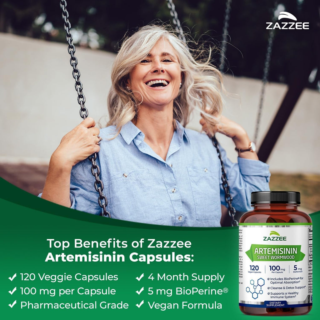 Zazzee High Absorption Artemisinin, 100 Mg per Capsule, 120 Vegan Capsules, with 5 Mg Bioperine for Maximum Absorption, Sweet Wormwood Extract, 4 Month Supply, All-Natural and Non-Gmo