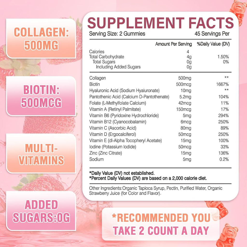 180 Count Collagen Gummies Collagen Protein Type I II III V X with Biotin Vitamin C a B D E Keratin Hyaluronic Acid for Hair Skin Nails Joint Immune Digestion Women Men Sugar Free Strawberry