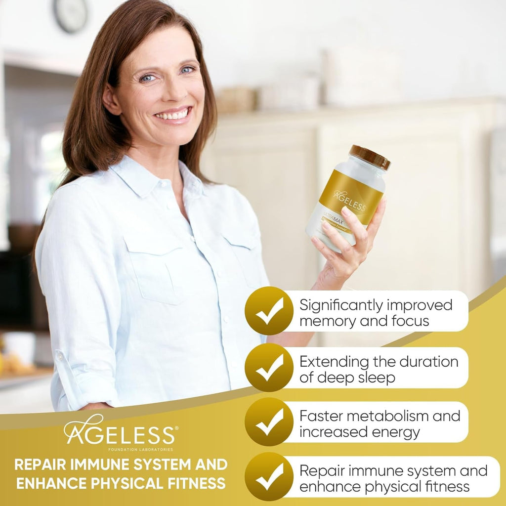 AGELESS™: Ultramax Gold™ Capsules, HGH Anti-Aging Supplement for Women, Slows Cellular Aging, Supports Immune Health, Smoother Skin Tone and Restorative Sleep, Weight Management, 90 Capsules