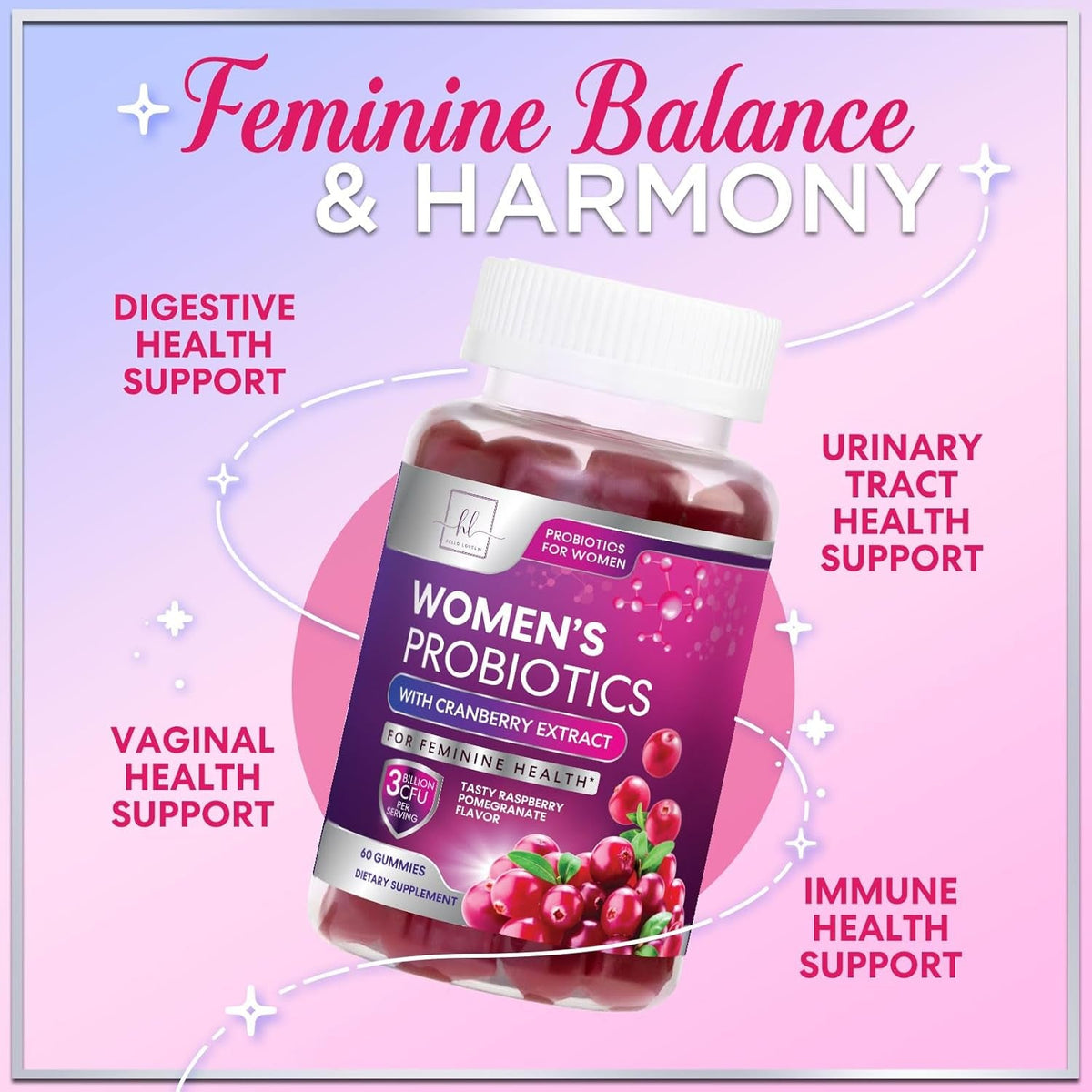 Probiotics for Women Gummies with Cranberry - 6 Premium Strains for PH Balance - Women Probiotics for Digestive Health, Vaginal & Immune Support, Women'S Probiotic Feminine Health Gummy - 60 Gummies