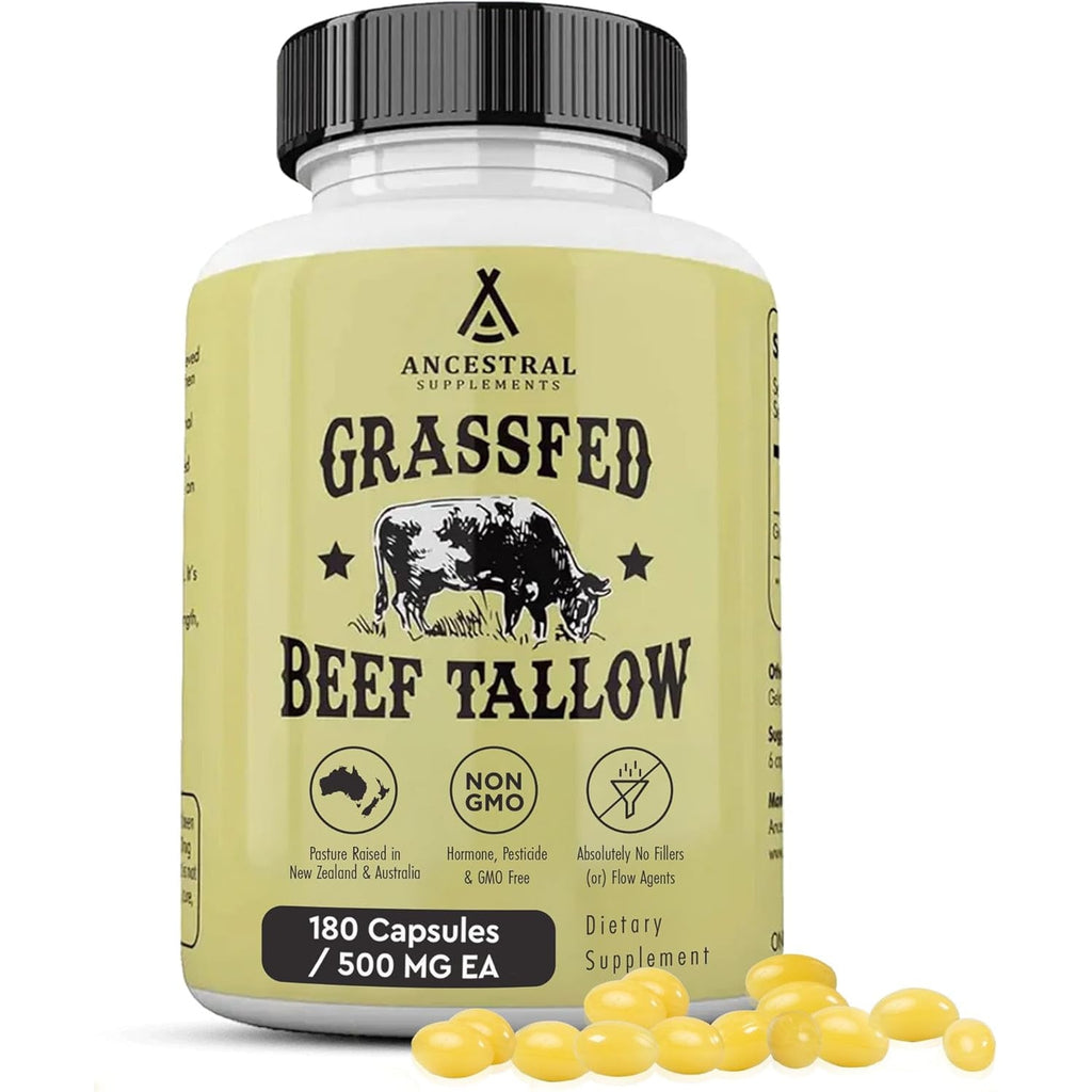 Ancestral Supplements Grass Fed Beef Tallow Capsules, 3000Mg, Nourishing Kidney Fat Supplement Supports Bones, Teeth, Gums, Skin, Immune and Overall Health, Non-Gmo, 180 Capsules