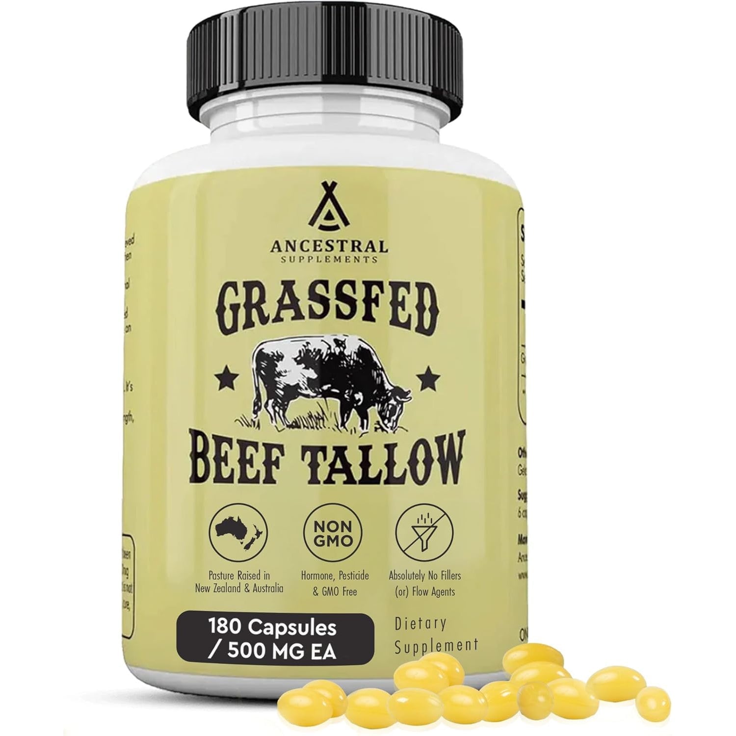 Ancestral Supplements Grass Fed Beef Tallow Capsules, 3000Mg, Nourishing Kidney Fat Supplement Supports Bones, Teeth, Gums, Skin, Immune and Overall Health, Non-Gmo, 180 Capsules
