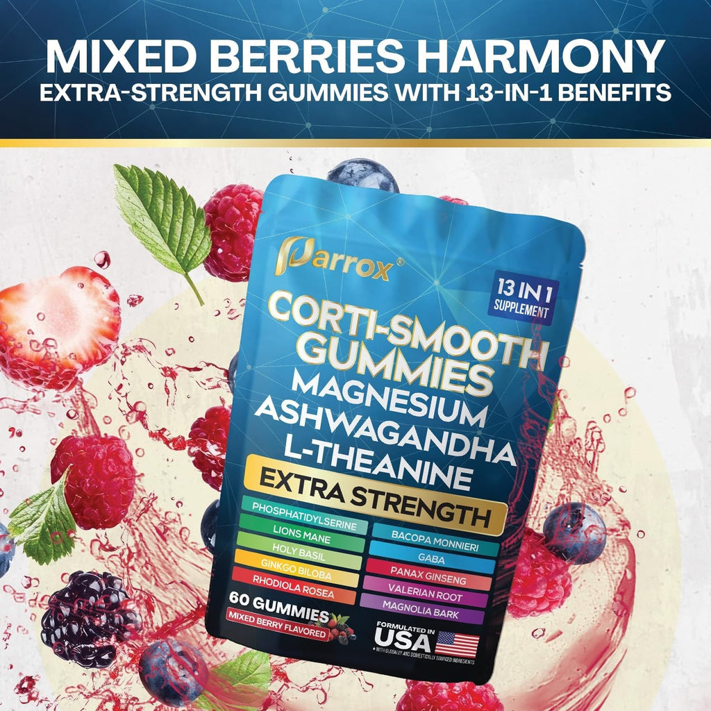 Corti-Smooth Cortisol Support Gummies with Magnesium, L-Theanine, Ashwagandha, Phosphatidylserine, Bacopa Monnieri, Lions Mane, Ginkgo Biloba, Valerian Root (60 Gummies - Mixed Berry Flavor)