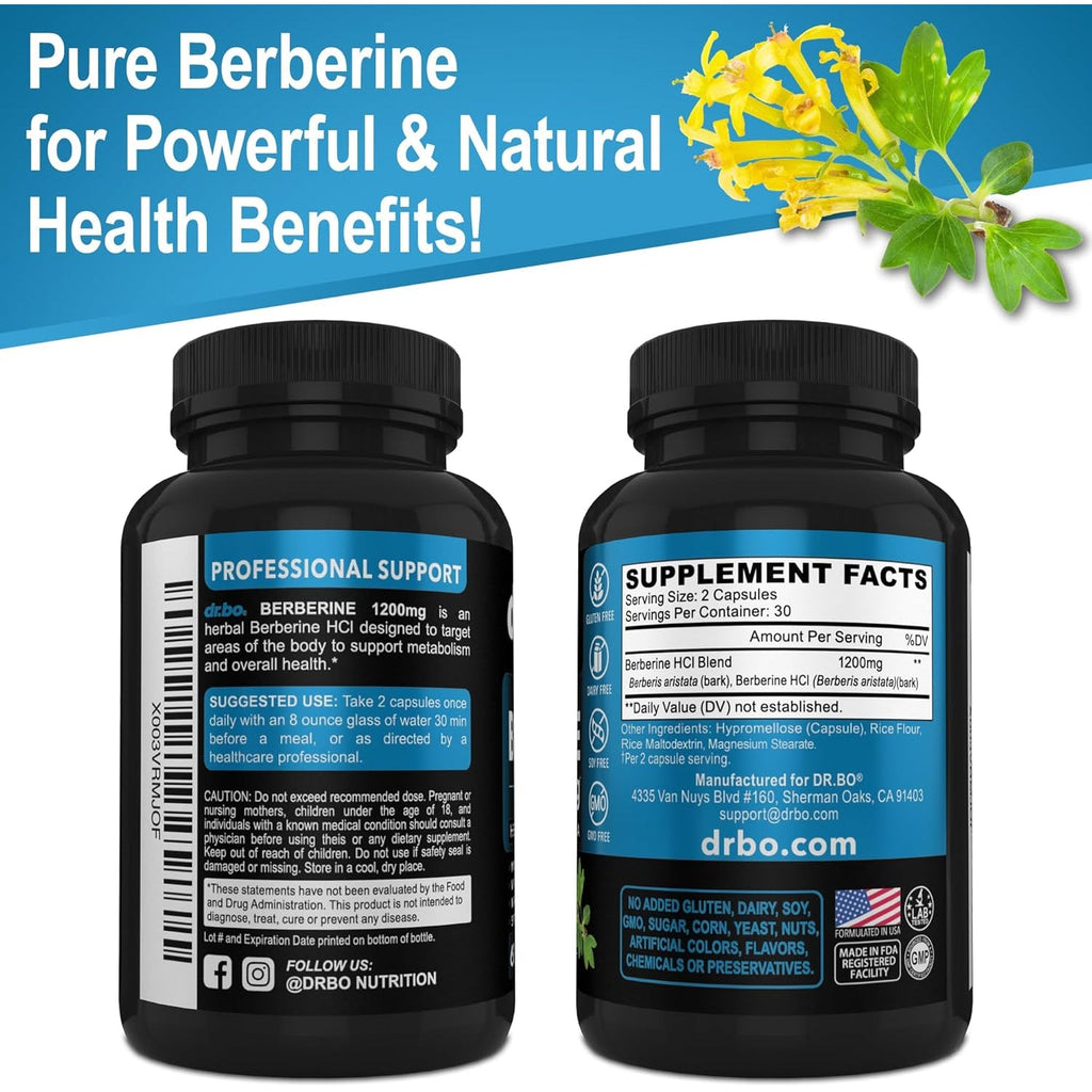 Berberine Supplement Capsules - 1200Mg Berberine HCL Supplement for Healthy Metabolic Support - Premium Natural Complex for Women & Men, Pure Support Capsules Supplements - 60 Pills