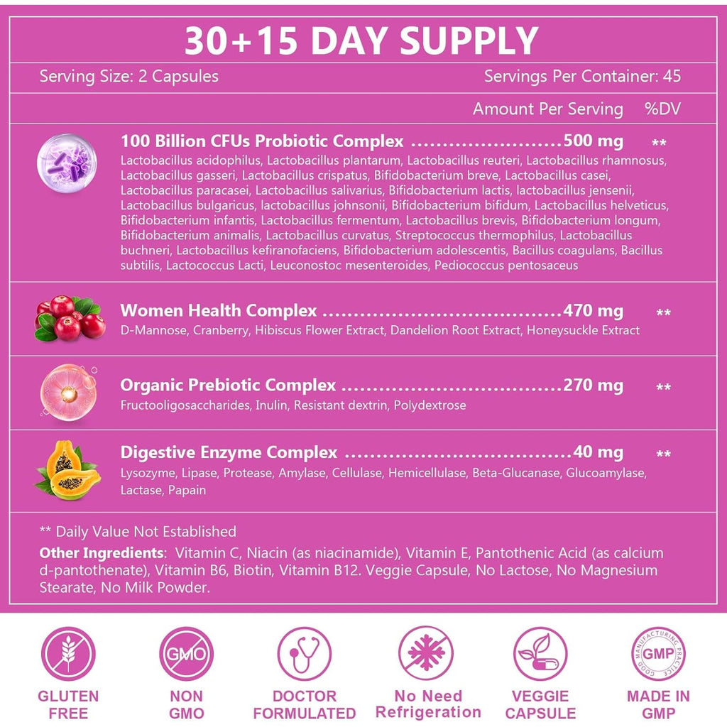 NATURE TARGET Probiotics for Women, 100 Billion Cfus Probiotic with Digestive Enzymes & Prebiotics, Vaginal Probiotics with Cranberry for Urinary Tract Health, Ph Balance, 90 Veggie Capsules
