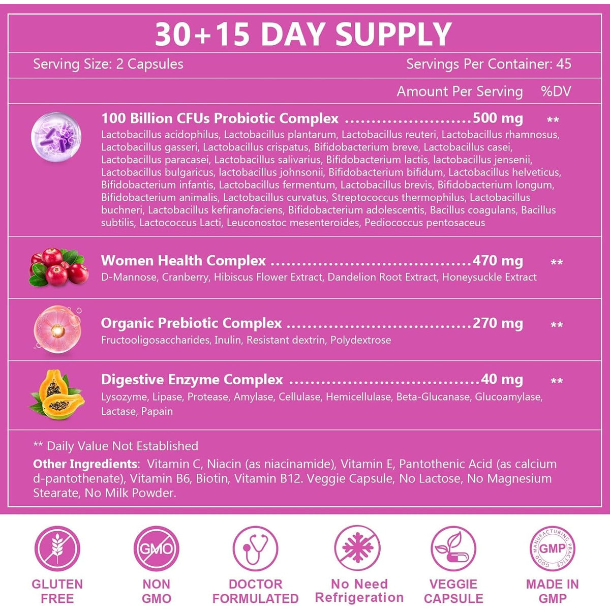 NATURE TARGET Probiotics for Women, 100 Billion Cfus Probiotic with Digestive Enzymes & Prebiotics, Vaginal Probiotics with Cranberry for Urinary Tract Health, Ph Balance, 90 Veggie Capsules