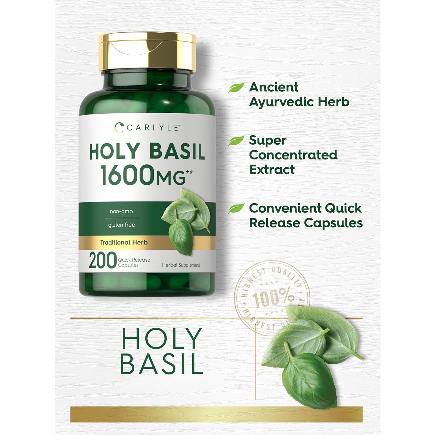 Carlyle Holy Basil Capsules | 200 Count | Tulsi Holy Basil Leaf Extract | Herbal Supplement | Non-Gmo, Gluten Free