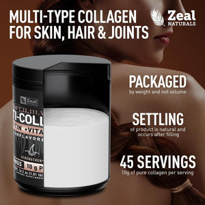 Zeal Naturals Multi Collagen Protein Peptides Powder Types I II III V X - Vitamin C, Biotin & Hyaluronic Acid - Hair, Skin & Nails - Marine, Bovine, Chicken & Eggshell - Unflavored, 45 Servings