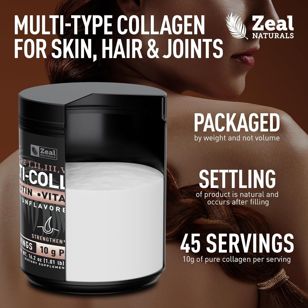 Zeal Naturals Multi Collagen Protein Peptides Powder Types I II III V X - Vitamin C, Biotin & Hyaluronic Acid - Hair, Skin & Nails - Marine, Bovine, Chicken & Eggshell - Unflavored, 45 Servings
