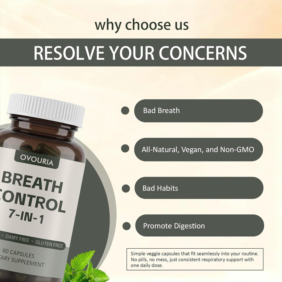 Ovouria Breath & Gut Balance Capsules - 7-In-1 Formula with Probiotics, Zinc Gluconate & Magnesium Citrate for Fresh Breath, Chronic Halitosis Relief & Digestive Wellness, 60 Count(1Pc)