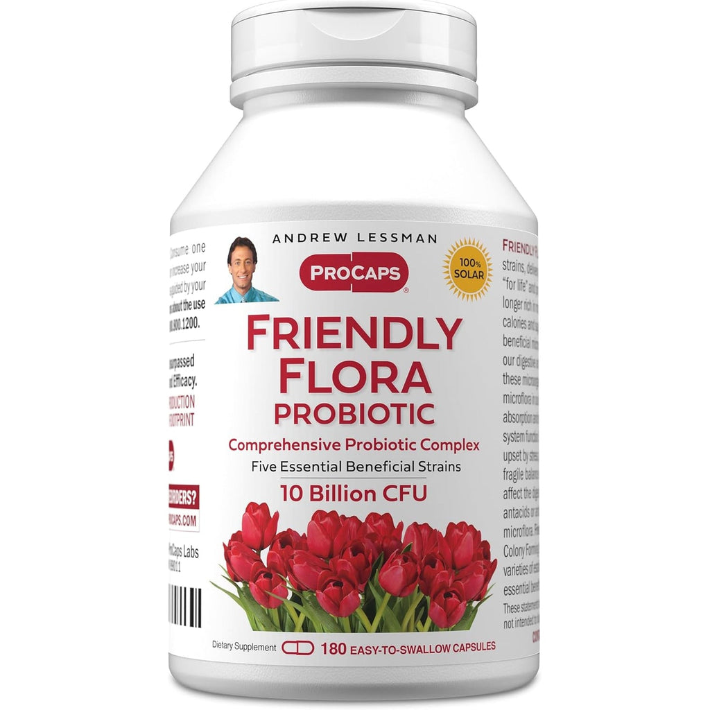 ANDREW LESSMAN Friendly Flora Probiotic 180 Capsules - 10 Billion CFU, Comprehensive Blend of Five Probiotic Strains, Powerful Immune and Digestive Support. Probiotics for Women or Men