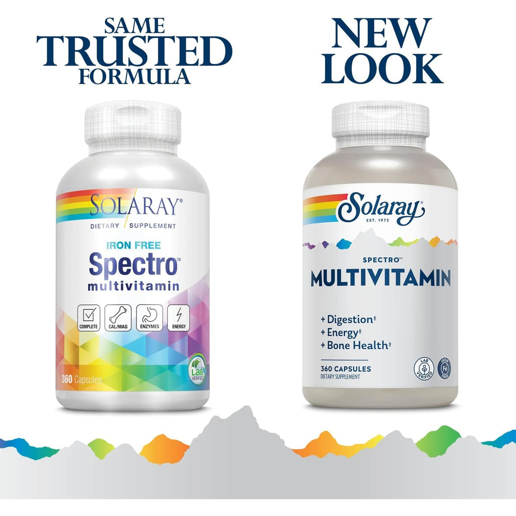 SOLARAY Spectro Multivitamin, Iron Free - Multi Vitamin W/Calcium, Magnesium, Energizing Greens, Digestive Enzymes - Digestion, Cellular Energy, Bone Health, Immune Support, 60 Servings, 360 Capsules