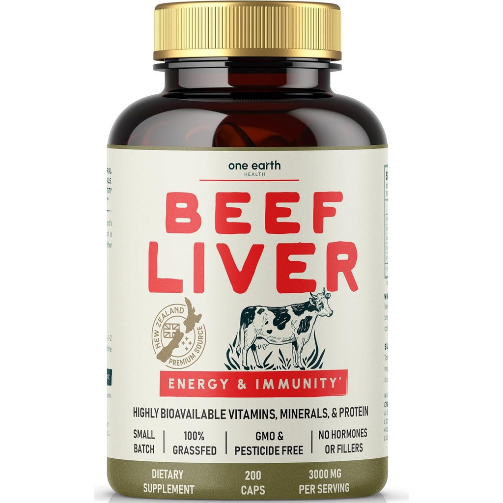 One Earth Health Grass Fed Beef Liver Capsules for Women & Men – Desiccated New Zealand Liver Supplement | Heme Iron, B12 & Folate | Grass-Fed & Finished | 3,000Mg, 200 Capsules